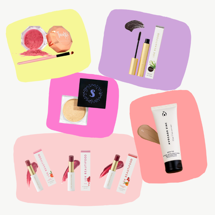 Collage of various beauty products on colorful square backgrounds