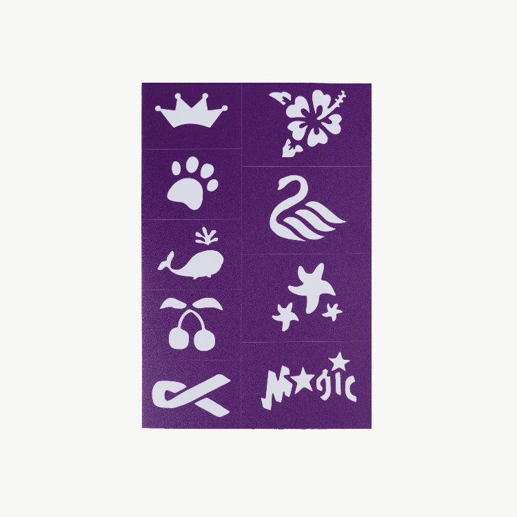 Purple sheet with white stencils of various designs on a white background