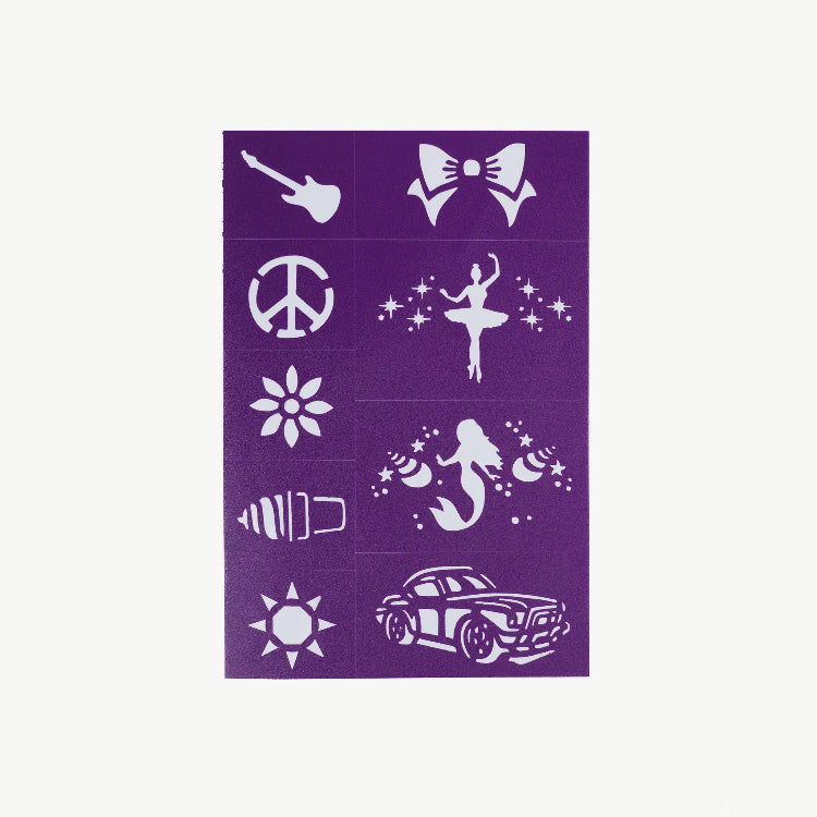 Set of white silhouette stickers on a purple card with various designs including a car, ballerina, and bow.