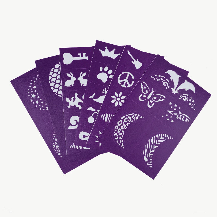 Set of purple stencils with various designs on a white background