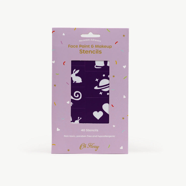 Pack of face paint and makeup stencils with a purple design on a light purple background