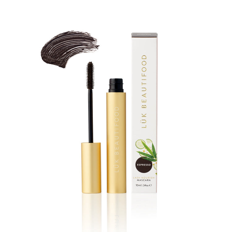 Lök Beautiful mascara with applicator and packaging on a white background