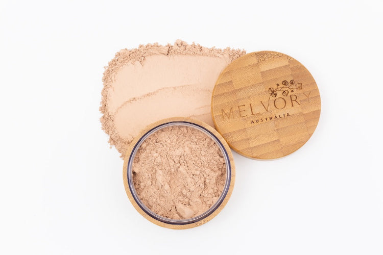 Melvory's natural mineral powder foundation with SPF 15. Beige shade.