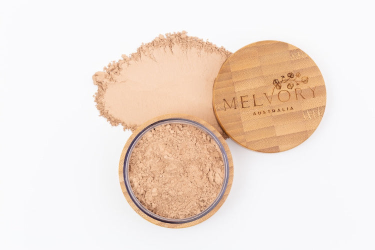 Melvory's natural mineral powder foundation with SPF 15. Golden natural shade.