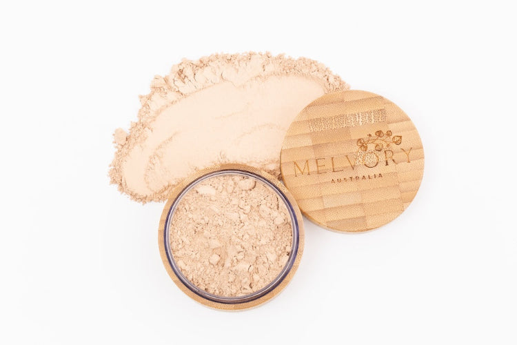 Melvory's natural mineral powder foundation with SPF 15. Ivory shade.