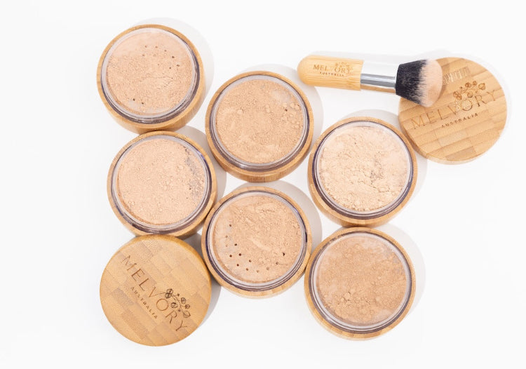 Melvory's natural mineral powder foundation with SPF 15. Choose the perfect shade.