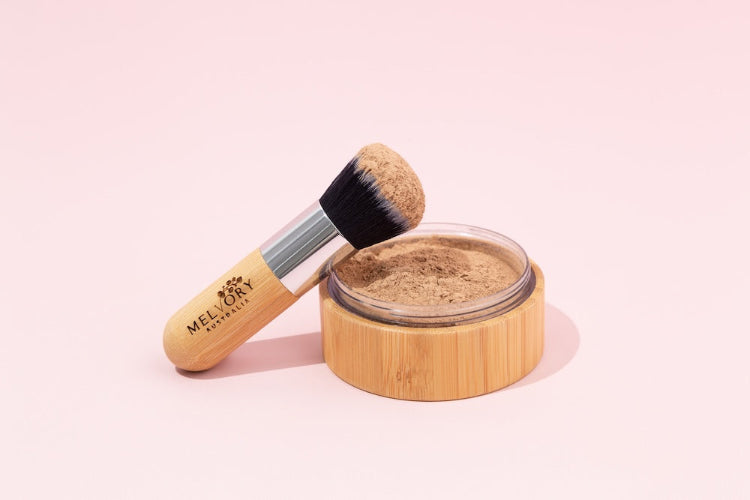Melvory's natural mineral powder foundation with SPF 15. Tan shade.