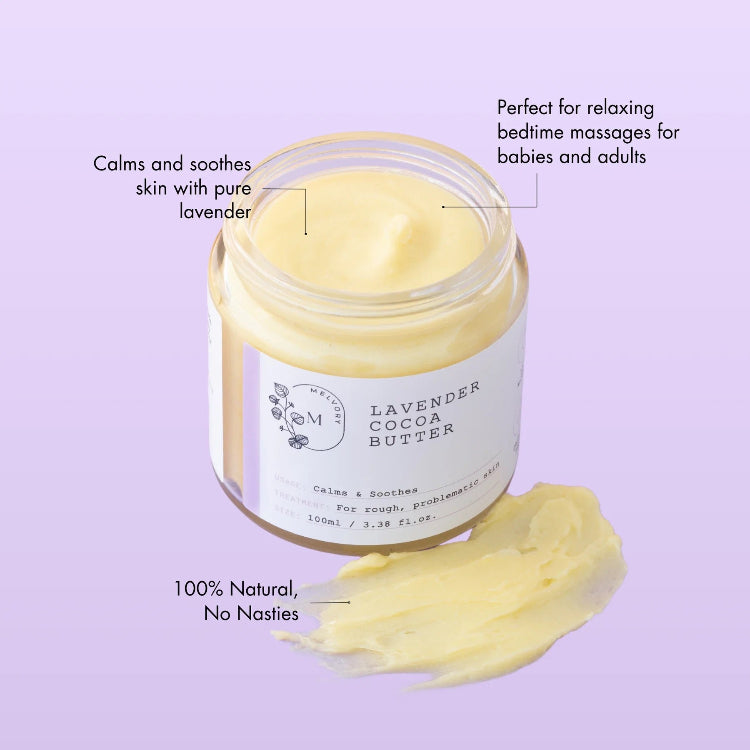 Jar of lavender cocoa butter cream with text on a purple background