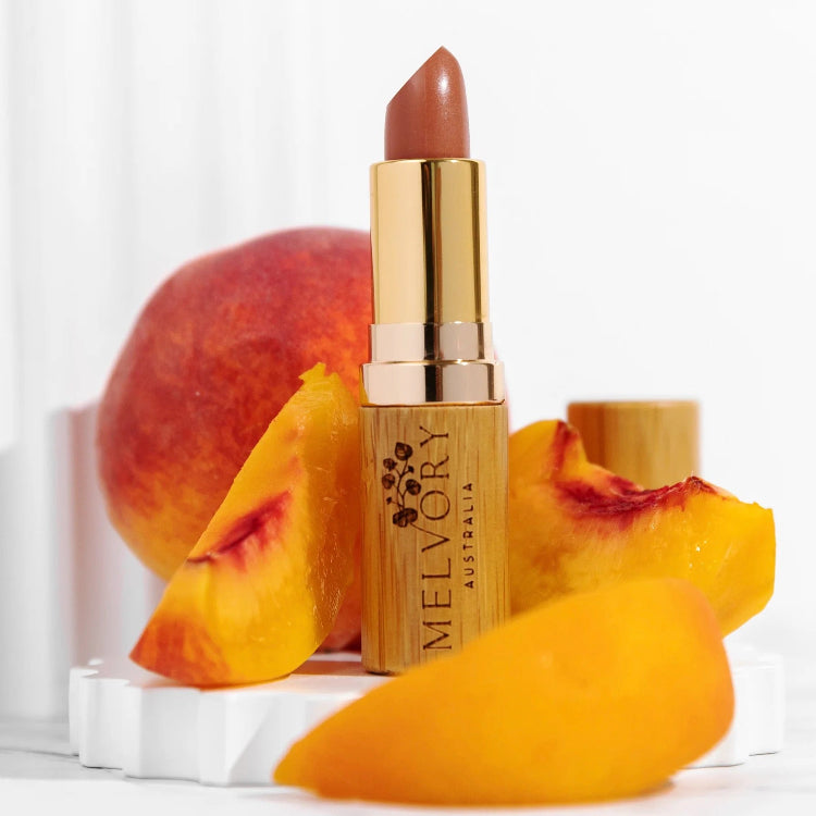 Melvory's vegan natural lipsticks. Perfect for tweens and teens are inspired by fruits and superfood. Peach shade.