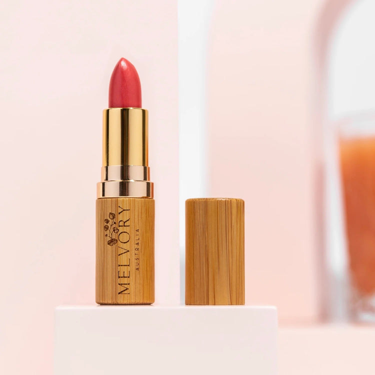 Melvory's vegan natural lipsticks. Perfect for tweens and teens are inspired by fruits and superfood. Guava shade.