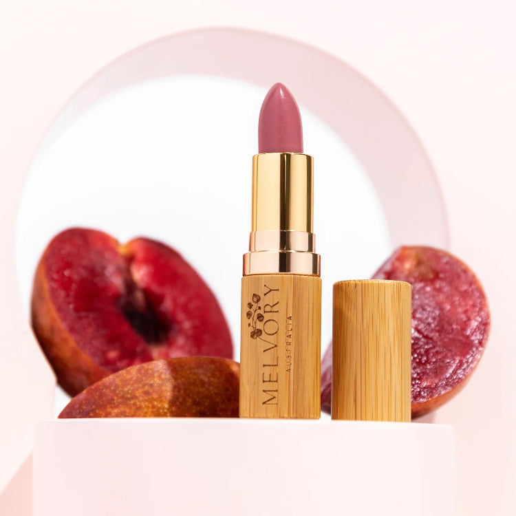 Melvory's vegan natural lipsticks. Perfect for tweens and teens are inspired by fruits and superfood. Plum shade.