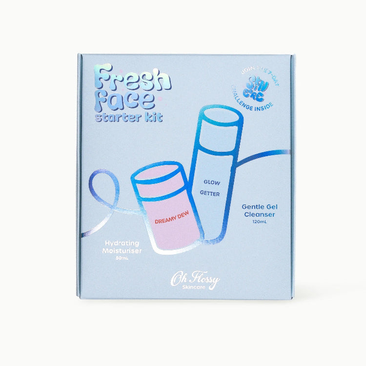 Oh Flossy Fresh Face Starterkit. Dreamy dew and glow getter. Blue box cover.