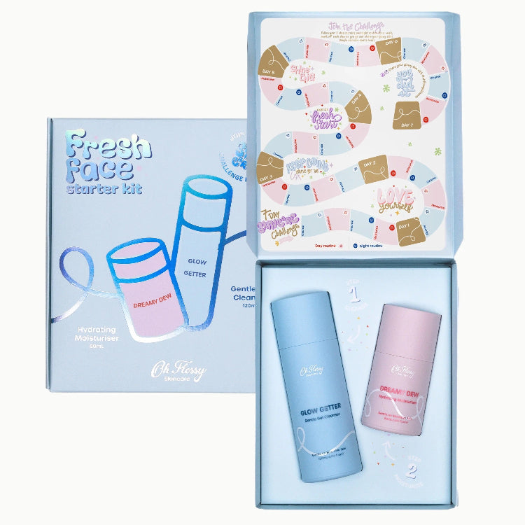 Oh Flossy Fresh Face Starterkit. Dreamy dew and glow getter. Blue box cover with 7 days skincare challenge inside.