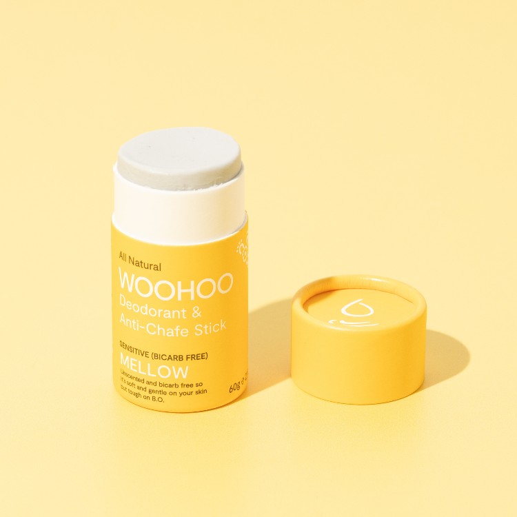 Natural deodorant woohoo body Mellow deodorant and anti-chafing stick. Gentle and effective for tweens and teens.