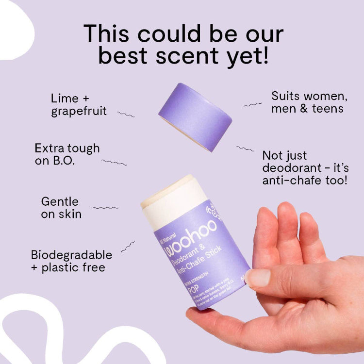 Natural deodorant woohoo body Pop deodorant and anti-chafe stick. Gentle and effective for teens.