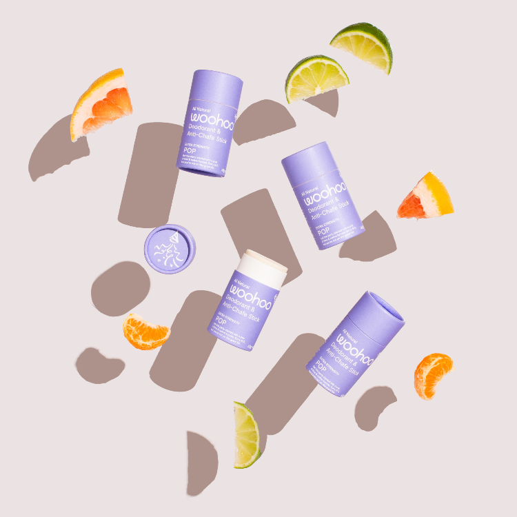 Natural deodorant woohoo body Pop deodorant and anti-chafe stick. Gentle and effective for teens.