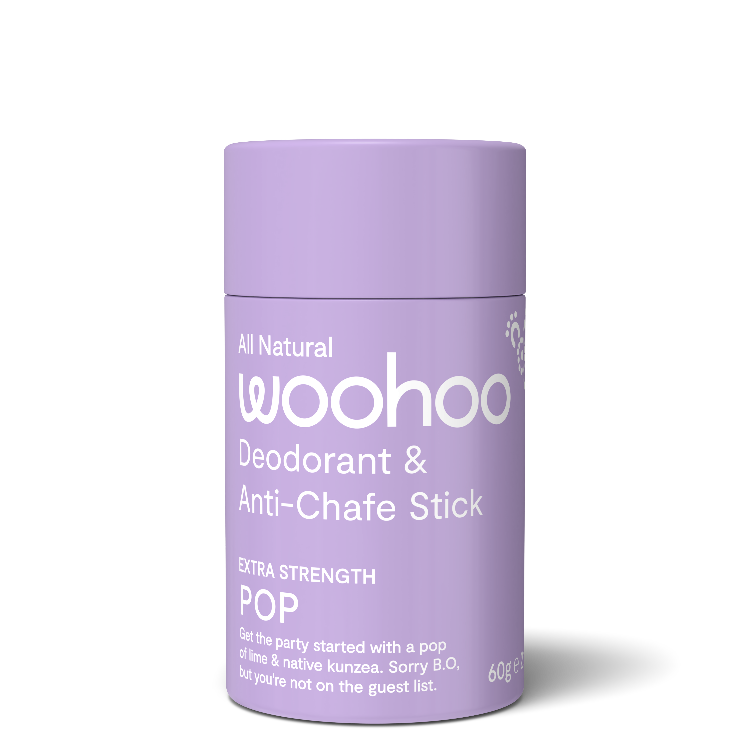 Natural deodorant woohoo body Pop deodorant and anti-chafe stick. Gentle and effective for teens.