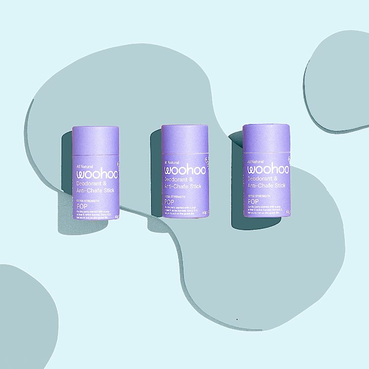 Natural deodorant woohoo body Pop deodorant and anti-chafe stick. Gentle and effective for teens.