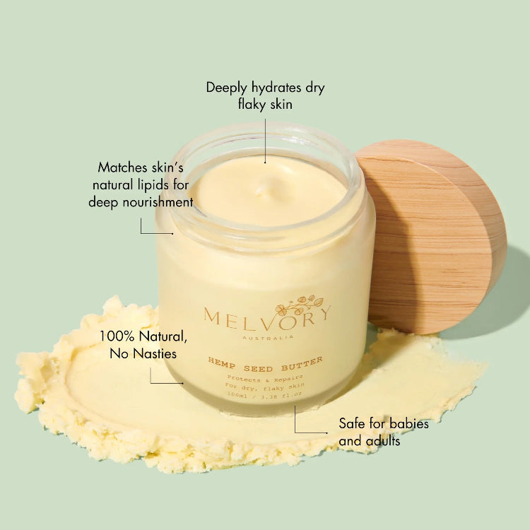 Melvory hemp seed butter jar with text highlighting benefits on a light green background